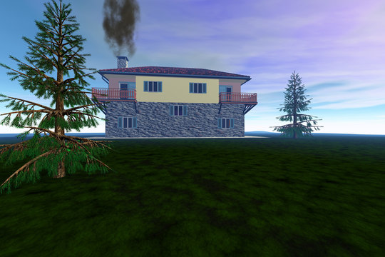 House on coniferous trees, grass on the ground, smoke in the chimney and a colored sky.