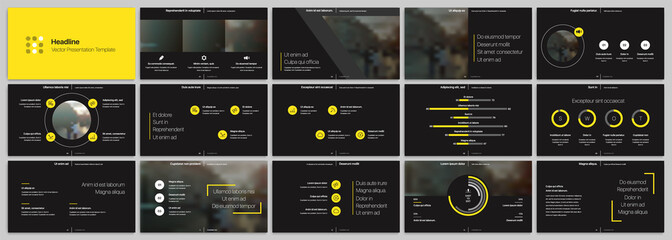 Yellow presentation templates elements on a black background. Vector infographics. Use in Presentation, flyer and leaflet, corporate report, marketing, advertising, annual report, banner. - obrazy, fototapety, plakaty