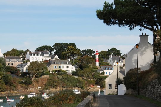 Doelan harbour and its red lighthouse, Brittany, France