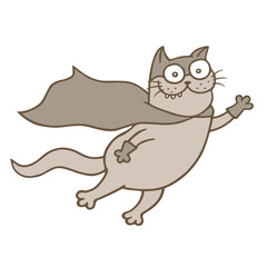 Cartoon cat superhero in mask and raincoat is flying. Vector illustration