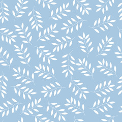 White leaves on blue background seamless pattern. Vector background.