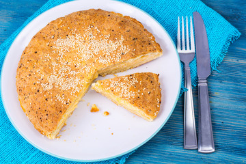 Homemade cake with cheese and sesame seeds