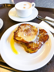 Tray with plate and potato pancakes for lunch