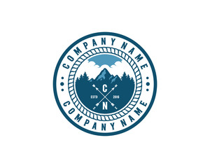 Classic Circle with Mountain and Cloud and Pine tree - Find the Way with Compass Arrow Symbol VIntage Circle Logo Vector