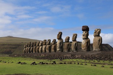 Landscape view of Moai statues in Easter Island, Chile