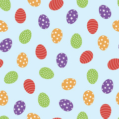 Easter seamless pattern with red, green, purple and yellow eggs. Vector.