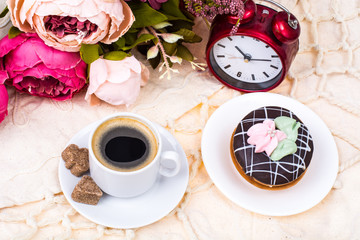 Romantic breakfast. Cup of strong hot espresso and cake