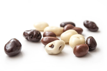 closeup of chocolate candies on white background