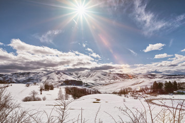 Mountain Zlatibor, Serbia at winter. Beautiful landscape in winter, a snow-covered mountain on the sunny clear day.