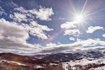 Mountain Zlatibor, Serbia at winter. Beautiful landscape in winter, a snow-covered mountain on the sunny clear day.