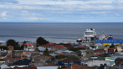 Panoramic view of Punta Arenas and Straits of Magellan. Patagonia, Chile, South America