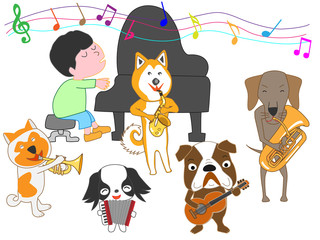 Obraz na płótnie Canvas 犬のコンサート。子供と犬が歌ったり、楽器を演奏したりしている。