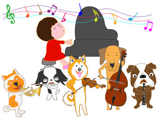 犬のコンサート。子供と犬が歌ったり、楽器を演奏したりしている。