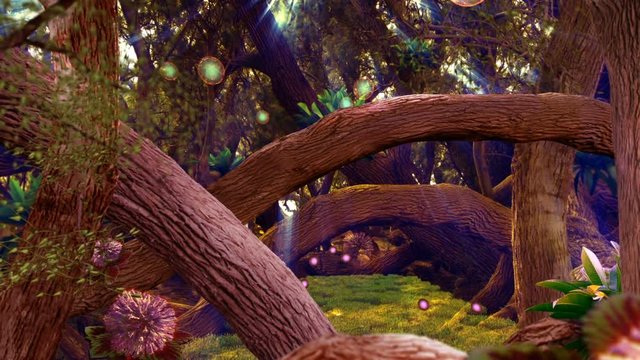 A  fantastic magic forest with sunlight ray and tracking camera