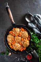Veal meatballs stewed in frying pan with carrot in vegetable sauce. Delicious meat dish © Sea Wave