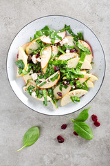 Healthy fruit and berry salad with fresh apples, cranberries, walnuts, italian ricotta cheese and spinach leaves. Delicious and nutritious diet dish for breakfast