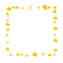 Clover background for Saint Patricks Day. Lucky trefoil confetti. Glitter frame of shamrock leaves. Template for poster, gift certificate, banner. Festive clover background.