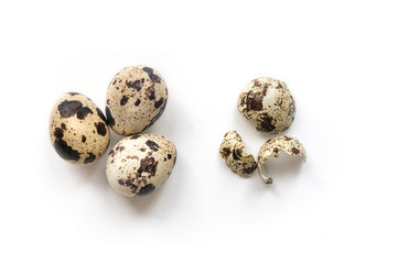 Isolated Quail Eggs. Top view. Diet food.  White background. 