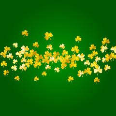 Shamrock background for Saint Patricks Day. Lucky trefoil confetti. Glitter frame of clover leaves.	 Template for poster, gift certificate, banner. Irish shamrock background.