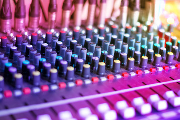 Fototapeta premium DJ Audio Mixing Console. Sound Music Mixer in Night Club Party. Selective Focus.