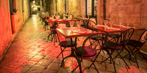 empty outdoor restaurant Dubrovnik 
