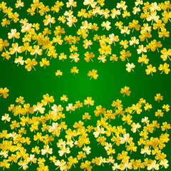Clover background for Saint Patricks Day. Lucky trefoil confetti. Glitter frame of shamrock leaves. Template for party invite, retail offer and ad. Dublin clover background.
