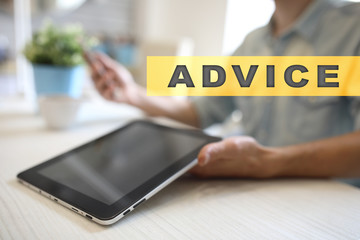 Advice text on virtual screen. Business technology and internet concept.