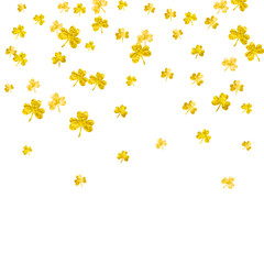 Clover background for Saint Patricks Day. Lucky trefoil confetti. Glitter frame of shamrock leaves. Template for poster, gift certificate, banner. Greeting clover background.