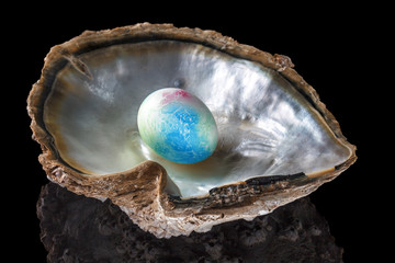 Colorful easter egg in a pearl shell with reflection on a black background.