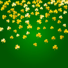 Shamrock background for Saint Patricks Day. Lucky trefoil confetti. Glitter frame of clover leaves.	 Template for special business offer, banner, flyer. Dublin shamrock background.