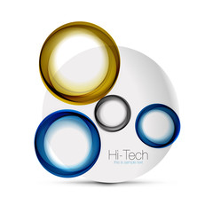 Circle web layout - digital techno spheres - web banner, button or icon with text. Glossy swirl color abstract circle design, hi-tech futuristic symbol with color rings and grey metallic element