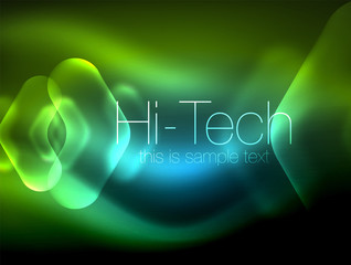 Blurred arrows in dark space. Neon pointers, glass glossy design, abstract shiny techno background, web banner