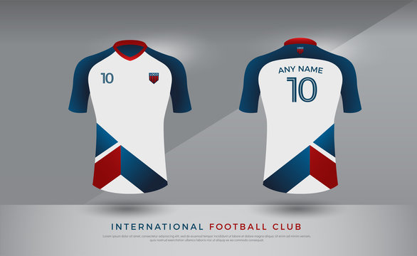 soccer t-shirt design uniform set of soccer kit. football jersey template  for football club. blue red and white color, front and back view shirt mock  up. Vector Illustration Stock Vector