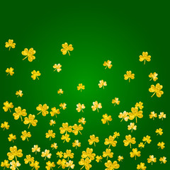 Clover background for Saint Patricks Day. Lucky trefoil confetti. Glitter frame of shamrock leaves. Template for poster, gift certificate, banner. Irish clover background.