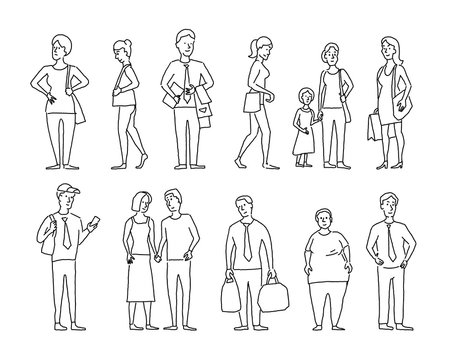 Set sketch a lot of different people. Many ordinary people on the street. Hand drawn black line vector stock illustration.