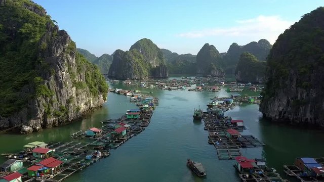 Drone Shows Large Floating Village among Islands against Sky