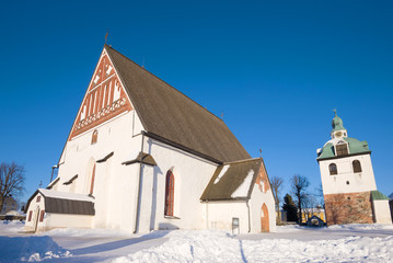 Fototapeta na wymiar Ancient Lutheran cathedral of the 15th century in the city of Porvoo in the sunny February afternoon. Finland