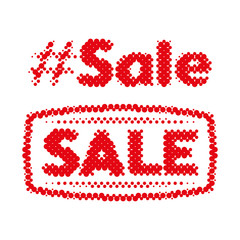 Hashtag Sale halftone label tag. Dotted grunge stamp from ink splashes. Textured design element for sale. Vector