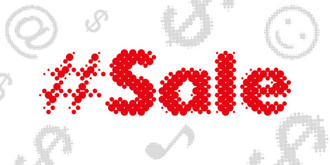 Hashtag Sale in halftone style. Dotted grunge design element. Textured word of ink splashes for sale. Vector