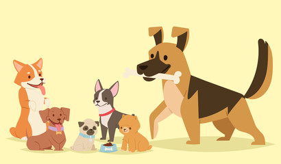 Puppy cute playing dogs characters funny purebred comic happy mammal doggy breed vector illustration.