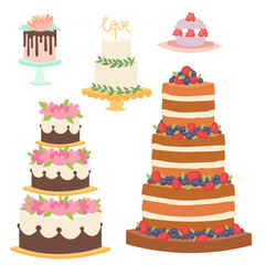 Wedding cakes fresh tasty dessert sweet pastry pie gourmet homemade delicious cream traditional bakery tart vector illustration.