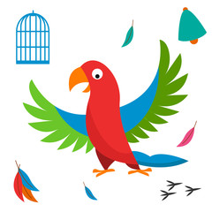 Parrot bird cell vector illustration wild animal characters cute fauna tropical feather pets background.