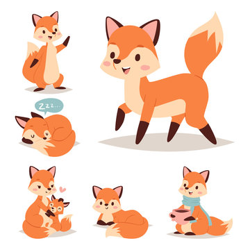 Fox character doing different foxy activities funny happy nature red tail and wildlife orange forest animal style graphic vector illustration.