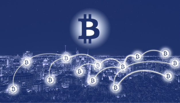 Bitcoin and blockchain technology concept. Bitcoin sign on city – Montreal. Bitcoin network with a bitcoin sign on the urban background. Blockchain, cryptocurrencies, bitcoin concept.