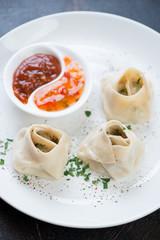 Close-up of steamed meat dumplings manti with sauces, spices and greens, vertical shot