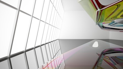 Abstract white and colored gradient glasses interior  with window. 3D illustration and rendering.