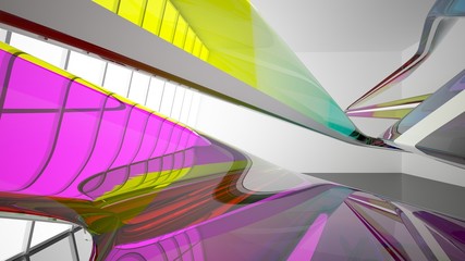Fototapeta na wymiar Abstract white and colored gradient glasses interior with window. 3D illustration and rendering.