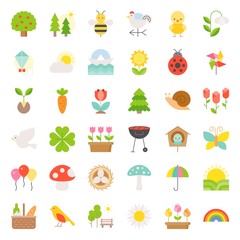 Picnic, nature and spring icon set, such as picnic basket, floral, bird, rainbow, bird nest, playing kite, sun raising, flat icon
