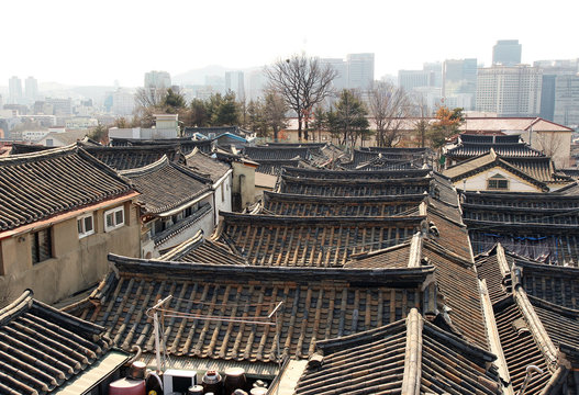 Tile-roofted houses at Bukchon, Seoul Korea