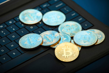 bitcoin with blue background and smartphone